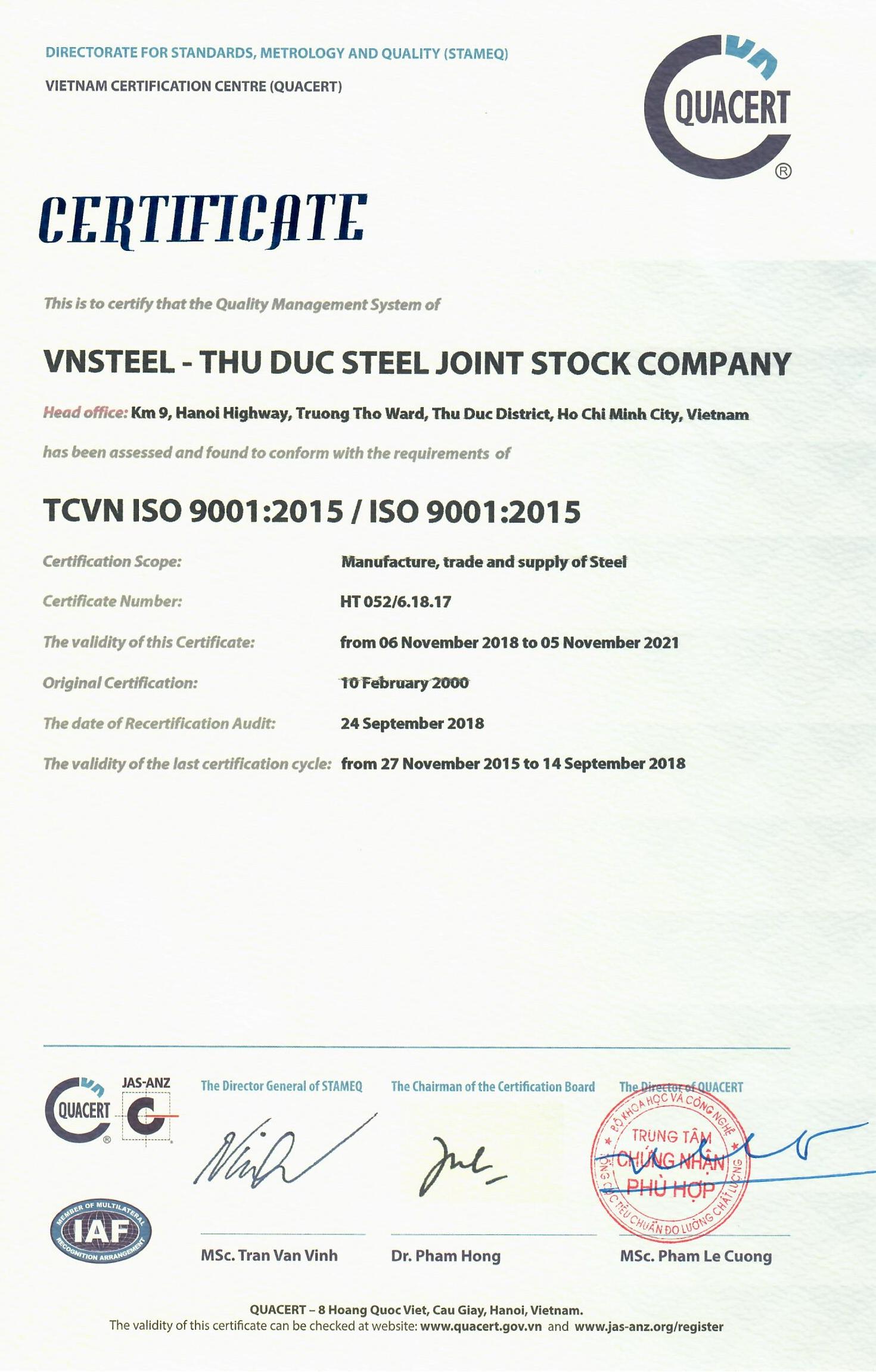 Giấy chứng nhận HTQLCL ISO 9001:2015